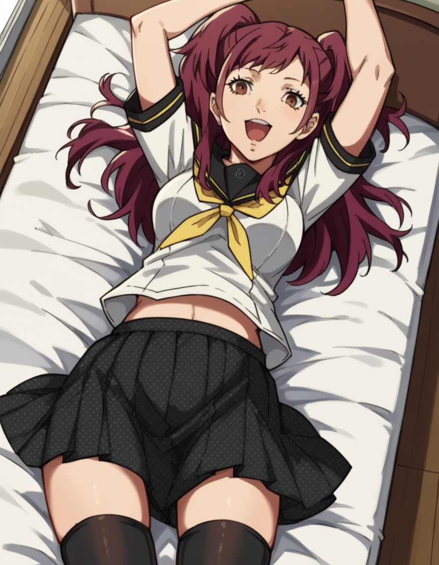 score_9, score_8_up, score_7_up, source_anime, <lora:rise-kujikawa-s1-ponyxl-lora-nochekaiser:1>, rise kujikawa, long hair, red hair, twintails, brown eyes, medium breasts,, skirt, thighhighs, school uniform, serafuku, zettai ryouiki, yasogami school uniform,, bedroom, alarm clock, morning routine, yawning, stretching, on bed,, smile, , on back, arm support, arms up, incoming hug, pov, reaching, reaching towards viewer,, solo,, cowboy shot, dutch angle