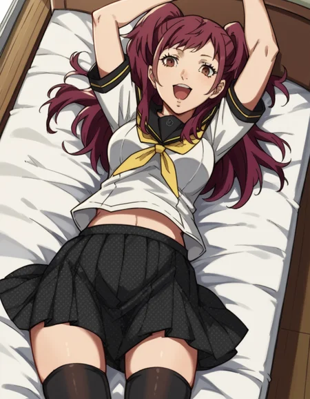score_9, score_8_up, score_7_up, source_anime, <lora:rise-kujikawa-s1-ponyxl-lora-nochekaiser:1>, rise kujikawa, long hair, red hair, twintails, brown eyes, medium breasts,, skirt, thighhighs, school uniform, serafuku, zettai ryouiki, yasogami school uniform,, bedroom, alarm clock, morning routine, yawning, stretching, on bed,, smile, , on back, arm support, arms up, incoming hug, pov, reaching, reaching towards viewer,, solo,, cowboy shot, dutch angle