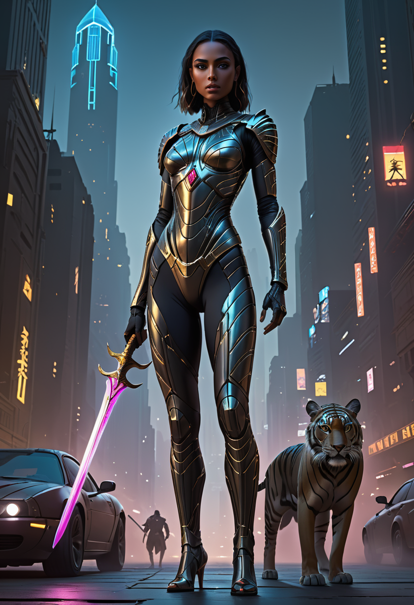 concept art A breathtakingly beautiful and enigmatic Egyptian queen, adorned in a sleek and sophisticated stillsuit, stands gracefully amidst a captivating futuristic cityscape shrouded in darkness. Her cyberpunk|biomechanical form effortlessly blends human and machine elements, creating a striking and unique appearance. The neon lights of the city illuminate every intricate detail of her cybernetic enhancements, casting an ethereal glow over her surroundings. She holds a dagger in one hand, adding to her commanding presence. The Tiger's Eye Telepathic Ruby at her throat radiates an ominous light, further enhancing the eerie atmosphere. . digital artwork, illustrative, painterly, matte painting, highly detailed,  <lora:StillsuitXL_v1.32:0.3>,