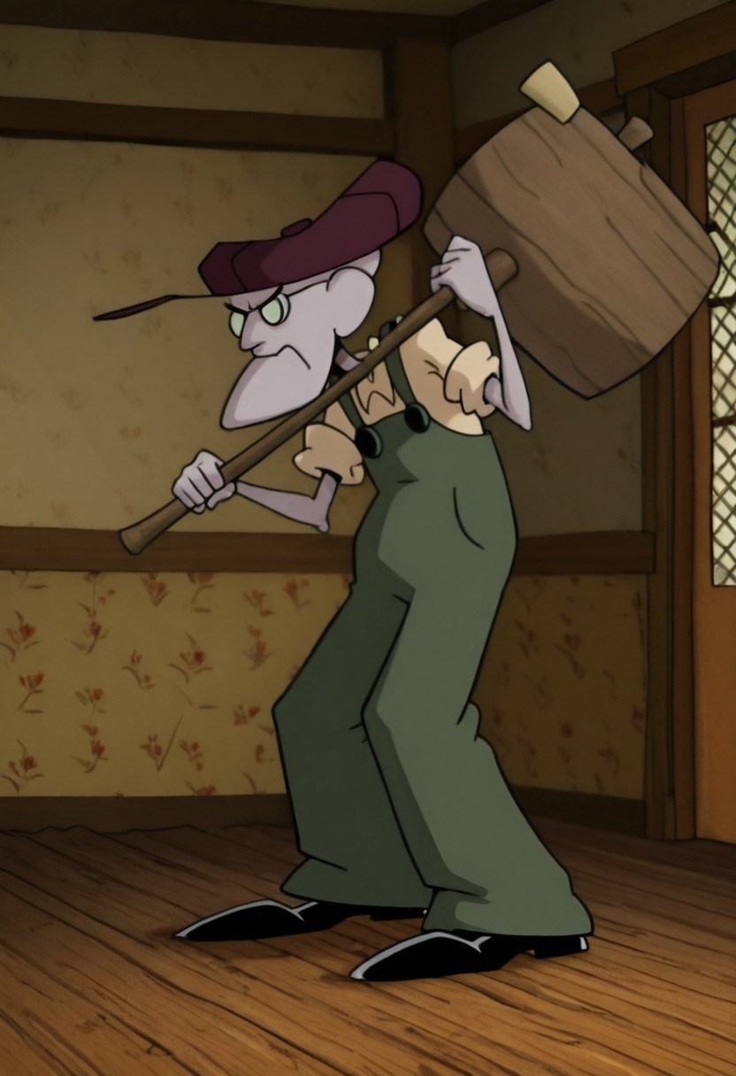 Masterpiece, best quality, absurdres, highest quality, Eustace, Bagge, green overalls, yellow shirt, grumpy expression, holding a mallet, indoors, detailed background,