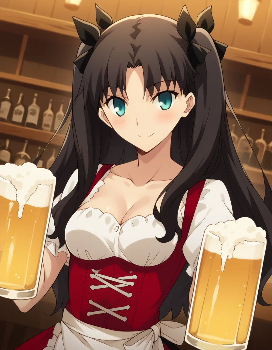 score_9, score_8_up, score_7_up, source_anime, rintohsaka, <lora:rin-tohsaka-ubw-ponyxl-lora-nochekaiser:1>, rin tohsaka, aqua eyes, black hair, hair ribbon, long hair, ribbon, sidelocks, two side up, parted bangs,, <lora:dirndl-ponyxl-lora-nochekaiser:1>, dirndl, german clothes, beer mug, collarbone, cleavage, beer, underbust, waist apron,, indoors, bar, smile, blush,, cowboy shot, dutch angle, looking at viewer,