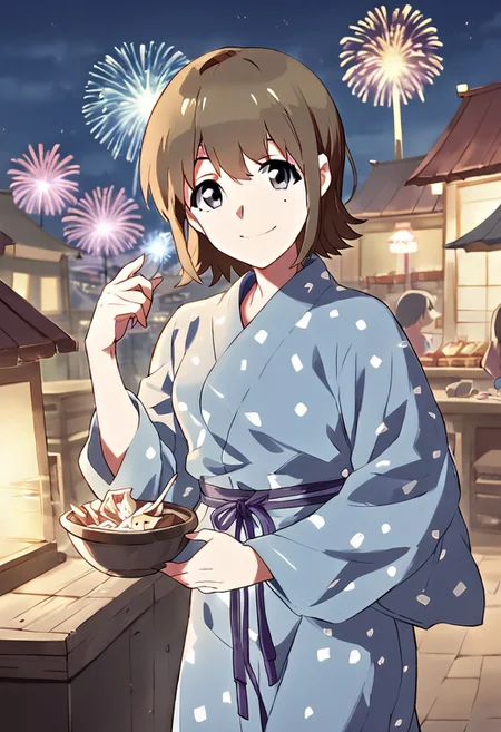 score_9, score_8_up, score_7_up, 1girl, 
hayashidaairi_wug, grey eyes, brown hair, short hair, mole, mole under eye, BREAK yukata, smile, cheerful, BREAK
night, fireworks, lantern lighting, festival, summer festival,
looking at viewer