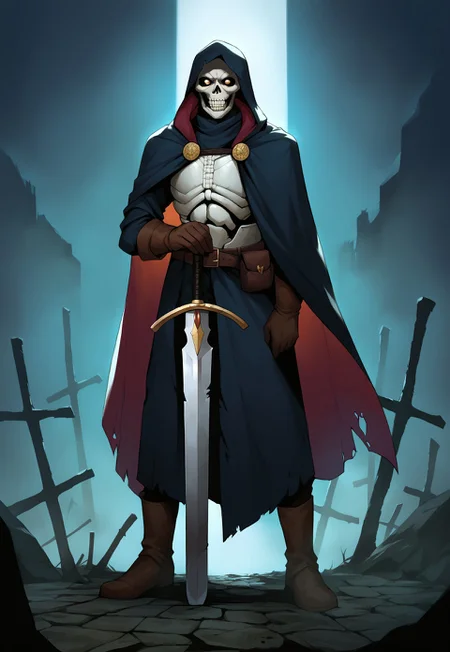 safe_pos, score_9, score_8_up, score_7_up, BREAK, source_anime, zPDXL3, NEGATIVE_HANDS, pathfinder portrait, undead, skeleton, death knight, black, armor, hood, belt, gloves, boots, cape, one-hand-hilt, hand on hilt, holding sword, planted sword, horror, ruins, aura, emphasized-details