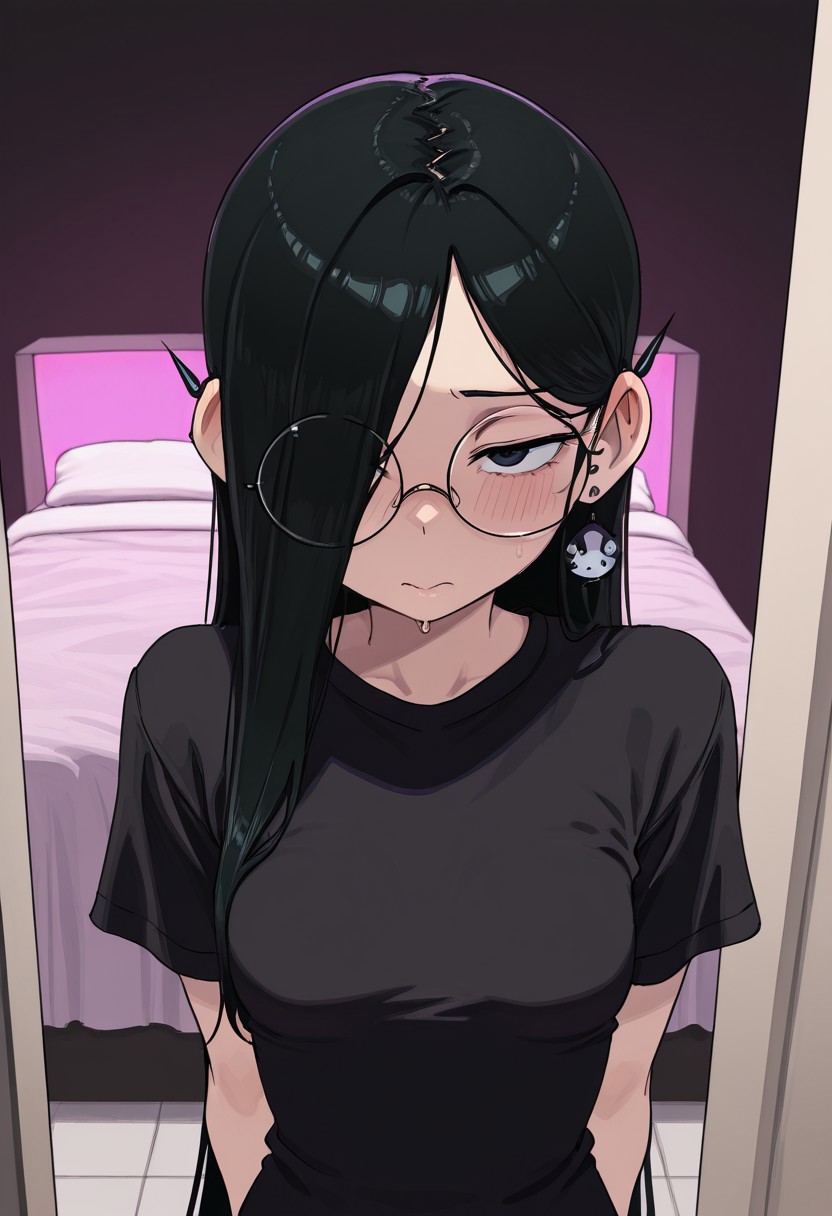 masterpiece,best quality,amazing quality, oshii (skk), black hair, long hair, round glasses, earrings, small breasts, black shirt, on love hotel,