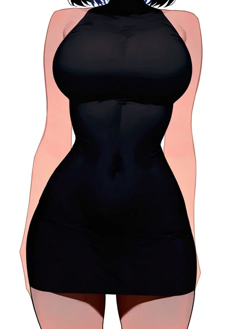masterpiece, best quality, 32k, high resolution, absurdres, little black dress, 1girl, solo, large breasts, standing, bare shoulders, bare arms, cowboy shot, head out of frame, covered navel, short hair