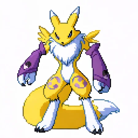 high quality, best quality, (masterpiece:1.05), (single, solo, alone, individual:1.05), front sprite, three-quarter view, (front:1.05), (full body:1.05), pixel, pixelart, (front view, standing up, fighting:1.05), <lora:pksp768_V2-1:0.7>, (white background:1.07), (electric type, primary blue, female:1.08), large breasts, 96 pixels, RenamonSDXL, digimon (creature), furry, fox ears, black sclera, blue eyes, white fur, yellow fur, body fur, gloves, black claws, fox tail, renamon_digimon, renamon, renamon