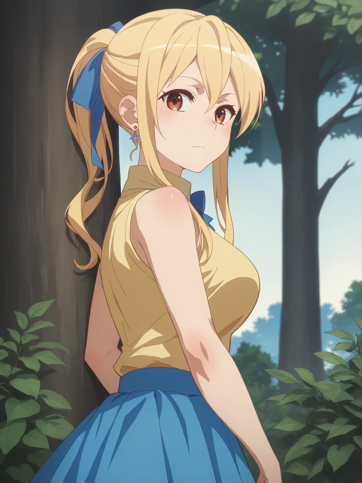 score_9, score_8_up, score_7_up, score_6_up, score_5_up, source_anime, smooth_anime,
Lucy_Heartfilia, 1girl, solo, brown_eyes, blonde_hair, ribbon, hair_ribbon, looking_at_viewer, long_hair, outdoors, jewelry, earrings, breasts, looking_back, sleeveless, blue_ribbon, skirt, shirt, tree, large_breasts, sleeveless_shirt, blue_skirt, long_skirt, day
<lora:Gun_Gale_Online:1>