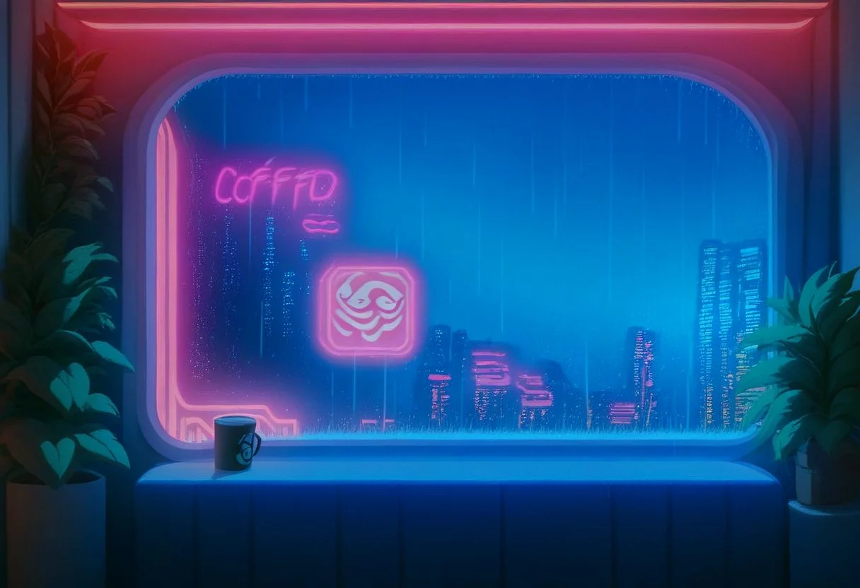 score_9,score_8_up,score_7_up,score_6_up,
steaming coffee cup on windowsill, plants on the windowsill, wall of plants, monstera plant, large plant, tidy bedrrom, small room, cramped bedroom, teddies on the bed, cyberpunk city view out of the window, neon light, purple neon lights, rain, rain outside, rain on the window