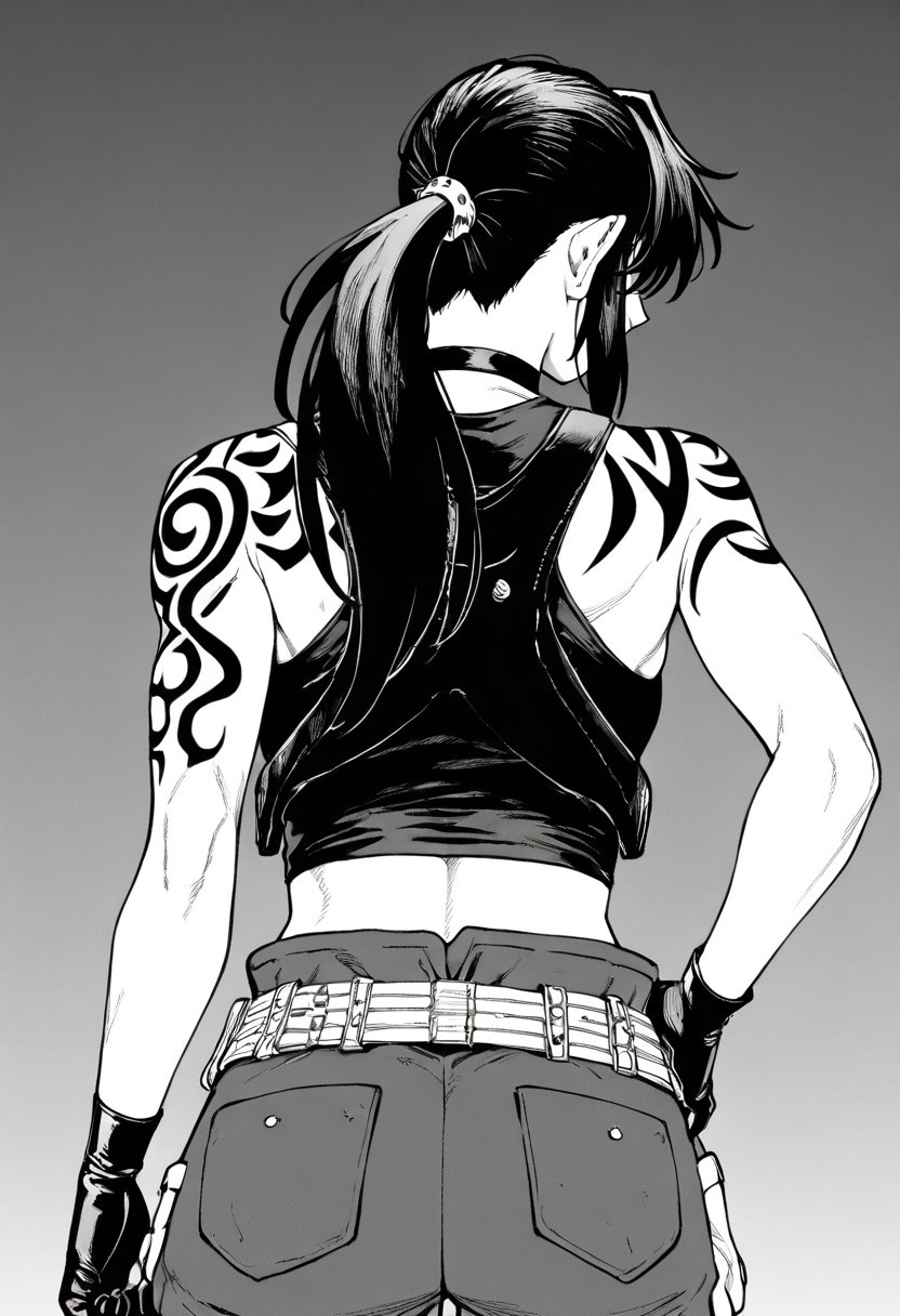 masterpiece, best quality, newest, absurdres, highres, EMPILV1.0, manga, monochrome, greyscale, 
1girl, revy_(black_lagoon), ponytail, black gloves, black tank top, tank top, tattoo, tribal tattoo, shoulder tattoo, crop top,