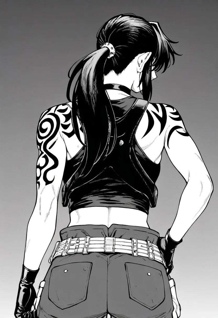 masterpiece, best quality, newest, absurdres, highres, EMPILV1.0, manga, monochrome, greyscale, 
1girl, revy_(black_lagoon), ponytail, black gloves, black tank top, tank top, tattoo, tribal tattoo, shoulder tattoo, crop top,