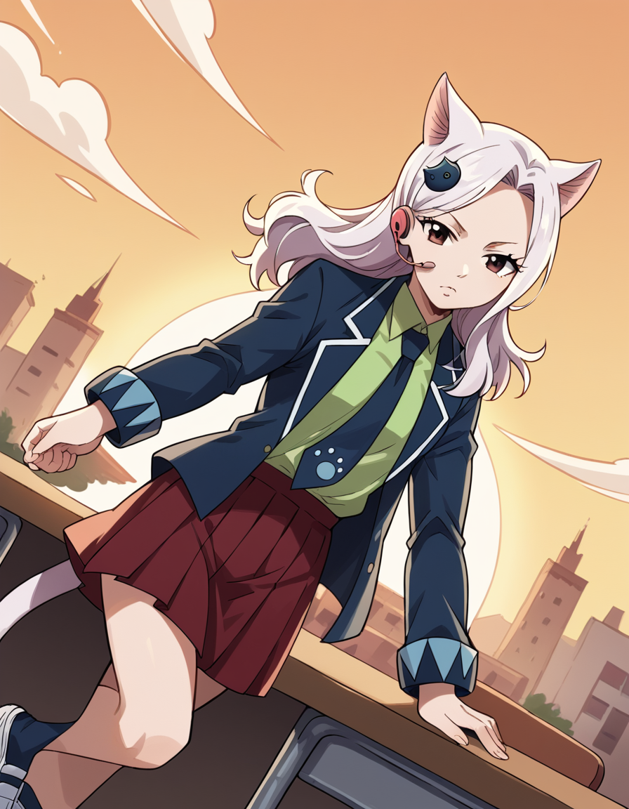 score_9, score_8_up, score_7_up, source_anime, <lora:fairytail-carla-anime-ponyxl-lora-nochekaiser:1>, fairy tail carla, long hair, hair ornament, animal ears, brown eyes, white hair, cat ears,, skirt, school uniform, jacket, tail, necktie, red skirt, shirt, green shirt, collared shirt, long sleeves,, suburban neighborhood, morning jog, earphones, running shoes, fresh air, sunrise, , , arm resting on table, solo,, cowboy shot, dutch angle