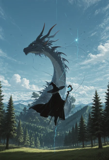 masterpiece,best quality,amazing quality,very aesthetic,absurdres, newest, anime coloring, facing away, dragon in background, midair, floating, black cloak, witch hat, holding staff, blue sky, clouds, high up, forest, trees, grass, mountainous horizon, casting spell, floating clothes, solo, very wide shot, dragon,  <lora:negative-space-merged-3:1> negative space