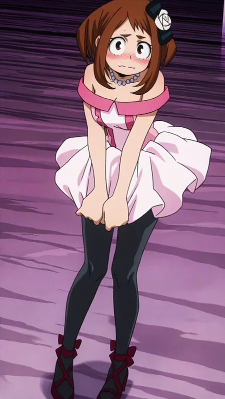 source_anime, masterpiece, best quality, amazing quality, anime screencap, high quality, 8k, absurdres, official style, 1girl, solo, looking at viewer, standing, blush, embarrassed, <lora:Ochako_Uraraka_iL:1>, 0ch4k0 ur4r4k4, brown eyes, brown hair, sidelocks, short hair, two heroes outfit, pink dress, bare shoulders, off-shoulder dress, hair ornament, bow, jewelry, pearl necklace, black pantyhose, red heels,