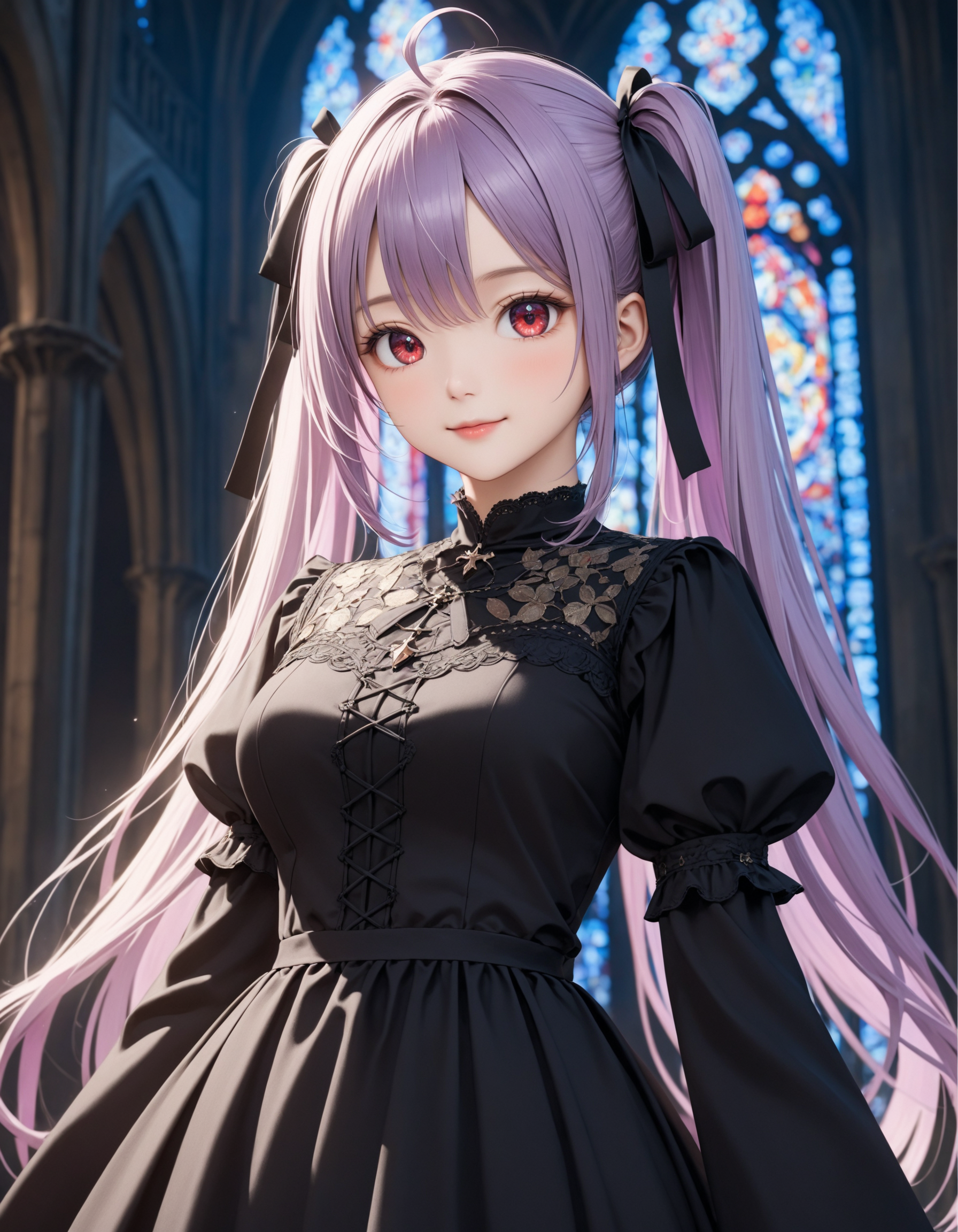 SceneDescription:
  - Composition: Upper body shot. Cinematic angle.
  - Subject: A 18YO girl.
    - Characteristics:
      - Face: (Cute round face:1.1).
      - Eyes: Detailed dark-red eyes.
      - Hair: Long wavy high (twintail:1.2) with black ribbon ornament, (light purple hair), (light purple inner hair), ahoge and hair between eyes.
      - Body: Detailed body. (Large breasts:1.1).
      - Clothing: Black gothic dress, ruffled short sleeves and layerd skirt.
      - Expression: Light smile. Close mouth.
      - Posing: Stylish pose. Looking at viewer.
  - Background: Inside medieval church.
    - Elements: Stained glass.
Time: (Night:1.2).
Lighting: (Blue hour light:1.4).
ArtStyle: Gothic style. Photorealistic.
Quality: Intricate details. Extremely detailed. Outstanding intricacies. (Masterpiece:1.2). (Best quality:1.2). (Absurdres absolutely resolution:1.4).
Mood: Serene atmosphere.