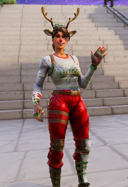 IllustriousQual <lora:StS-Illustrious-Detail-Slider-v1.0:2> <lora:cfg_scale_boost:0.3> detailed_background, amphitheater <lora:Red-Nosed_Raider_IL_-_v1:1> RedNosedRaiderIL, brown hair, brown eyes, antlers, reindeer ears, reindeer-themed, holiday outfit, headband, mistletoe, brown gloves, fingerless gloves, combat boots, white sweater, red pants, christmas sweater, patchwork pants, brown boots, belt, shin guards, Standing with one hand waving, dutch angle, anticipation