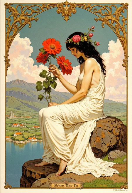 This is a vintage Art Nouveau style illustration by Alphonse Mucha, created in 1896. The image depicts a nude woman with long, flowing dark hair, adorned with vibrant red flowers that she holds gently in her hands. She is seated on a rock beside a serene pond, her legs bent at the knee, with her left arm resting on her thigh. Her right arm extends outward, reaching towards the flowers, while her head tilts slightly to the right, giving her a thoughtful expression.
The woman wears a flowing, white, diaphanous gown made of soft, gauzy fabric, loosely draped around her body to reveal her form. The background shows a dreamy, ethereal landscape with a pastel color palette dominated by blues, greens, and pinks, evoking a tranquil, idyllic setting. Fluffy clouds fill the sky, and the pond mirrors the soft hues of the sky, creating a peaceful, harmonious atmosphere.
The illustration is framed by a delicate, ornate border typical of Art Nouveau style, which adds elegance and sophistication to the artwork. The textures are smooth and detailed, with a focus on soft, flowing lines and organic forms.