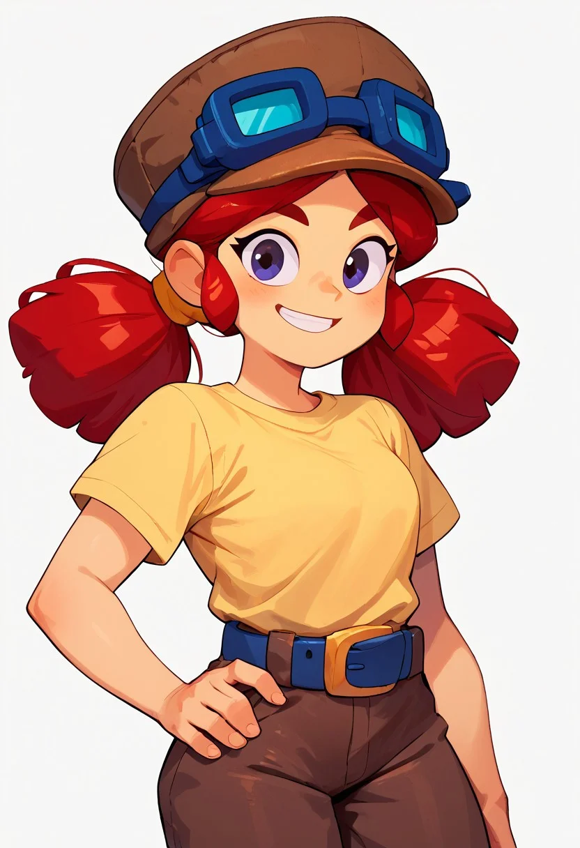score_9, score_8_up, score_7_up, score_6_up, innocent and alluring, masterpiece, best quality, highly detailed, high contrast, detailed skin, 1girl, cute, bsjessie, red hair, pigtails, hat, goggles on headwear, yellow shirt, brown pants, belt, smile, white background, film grain