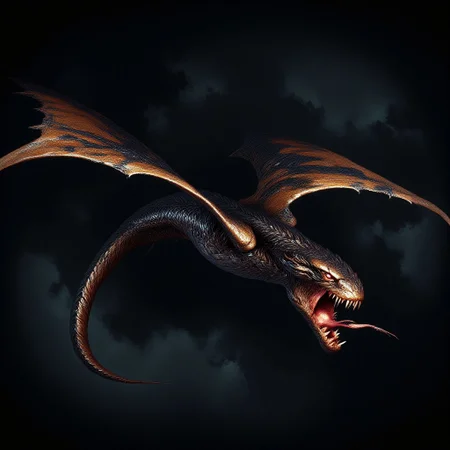 A terrifying flying snake with obsidian scales glides menacingly through the dark skies. Its body is sleek and sinuous, reflecting faint light off its razor-sharp scales. Massive, leathery wings stretch out on either side, beating with a whisper of death as it moves with predatory precision. Its eyes glow with an eerie, molten gold hue, filled with malevolent intelligence and a hunger for destruction. The creature's fanged mouth opens to reveal venom-dripping teeth, each one ready to deliver a fatal, paralyzing bite. Its hiss echoes through the air, a sound that sends chills down the spine, as it coils in mid-flight, ready to strike with lethal speed. This is no ordinary snake, but a beast of pure nightmare, embodying all that is dark and dangerous."