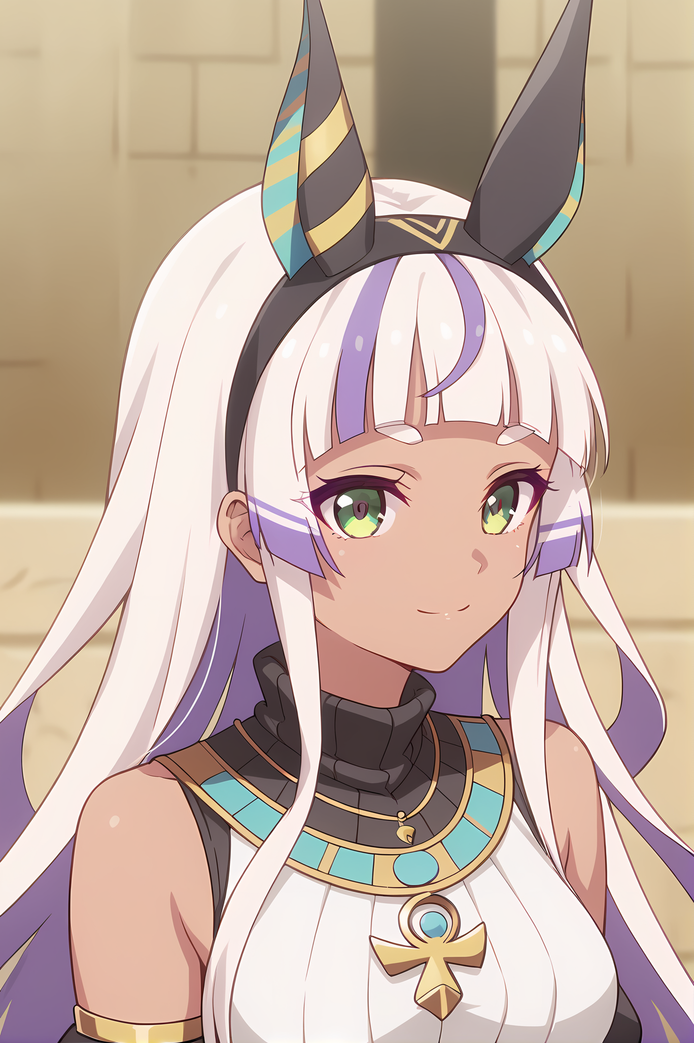 (egyptian clothes:1.20), gg-anubis, necklace, hairband, white hair, multicolored hair, long hair, dark skin, jackal ears, green eyes, medium breasts, 1girl, solo, skinny, score_9, score_8_up, score_8, score_7_up, score_7, score_6_up, score_6, score_5_up, score_5, source_anime, light smile, , (close-up:1.20), (:1.20), , <lora:gg-anubis-V01-000005:0.60>
