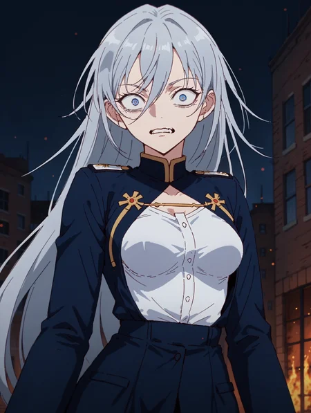 score_9, score_8_up, score_7_up,
<lora:Ado_Usseewa_Style_Pony:0.8> usseewastyle,sketch,
<lora:VladilenaMilize:0.6> EBLena, 1girl, solo, large hair, grey hair, blue eyes, hair between eyes, medium breasts,
crazy eyes, holding rifle, gun, military uniform,looking at viewer, blue uniform,white shirt,
outdoors, destroyed city, burning building, bokeh, smoke in background,