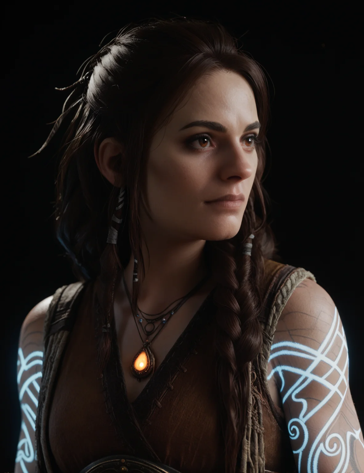 beautiful woman, portrait, sleeveless, dark background, night, high contrast, glowing tattoos, portrait, brown eyes <lora:FreyaGOW:0.7> gow_freya, score_9, score_8_up, score_7_up, score_6_up