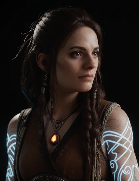 beautiful woman, portrait, sleeveless, dark background, night, high contrast, glowing tattoos, portrait, brown eyes <lora:FreyaGOW:0.7> gow_freya, score_9, score_8_up, score_7_up, score_6_up