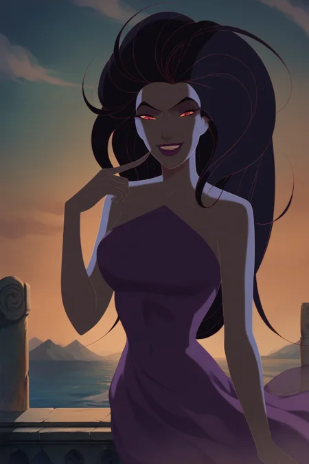 score_9, score_8_up, score_7_up, Eris, <lora:Eris_PDXL:0.9>, long hair, hair slicked back, red eyes, black hair, makeup, purple lipstick, colored skin, grey skin, pale skin, big breasts, shadow substence hair, purple dress, strapless, floating, shadows, looking at viewer, finger to mouth, closed mouth, smile, front view, pov, solo, solo focus, outdoors, best quality, high quality, 2d, cartoon