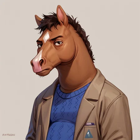 score_9, score_8_up, score_7_up, <lora:Bojack_Horseman:1.0> bojack horseman, 1boy, solo, sweater, jacket, plump