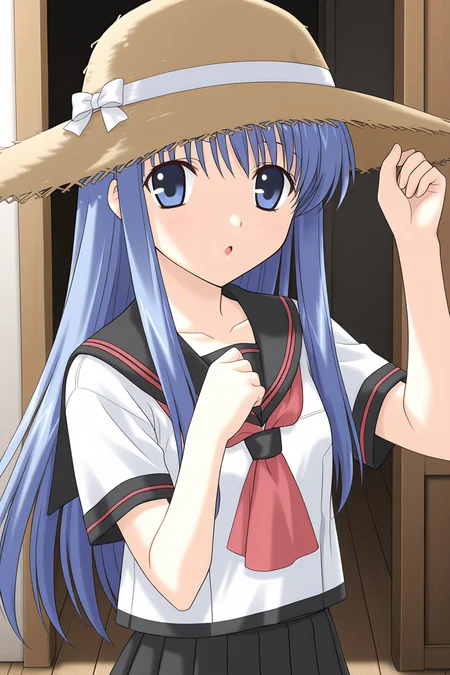masterpiece, best quality, absurdres, official art, official style, rating general BREAK <lora:takayashikimatsuri_IL_v1-1-000025:0.7>, takayashiki matsuri, solo, 1girl, blue eyes, blue hair, very long hair, bangs, sidelocks, white hairband, flat chest, straw hat, sun hat, school uniform, serafuku, red neckerchief, black sailor collar, white shirt, black skirt, miniskirt, pleated skirt, short sleeves, hands on headwear, :o, open mouth, looking at viewer, upper body, collarbone, hand on headwear, entrance