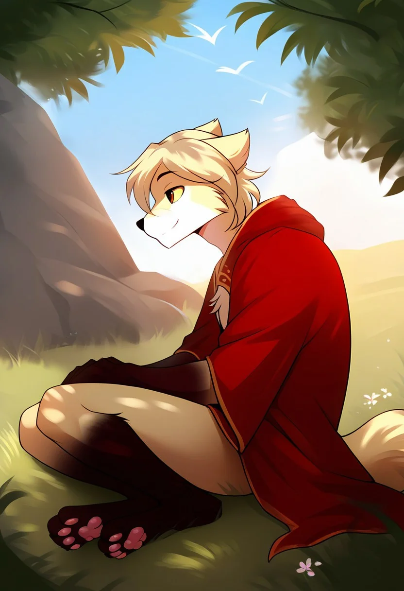 score_9, score_8_up, score_7_up, score_6_up, source_furry, rating_explicit, solo, solo focus, male, 1boy, lying on side under a birch tree, He rests his head on his hand, birch, in the field, outdoors, The black and red robe, kind expression, kind little smile, Looking into the distance, clovis-twokinds detailed, five fingers, side view, side side, fluffy tail, legs together, cute paws, (((perfect body, perfect hands, perfect legs, perfect eyes, perfect face, perfect fur, perfect anatomy)))