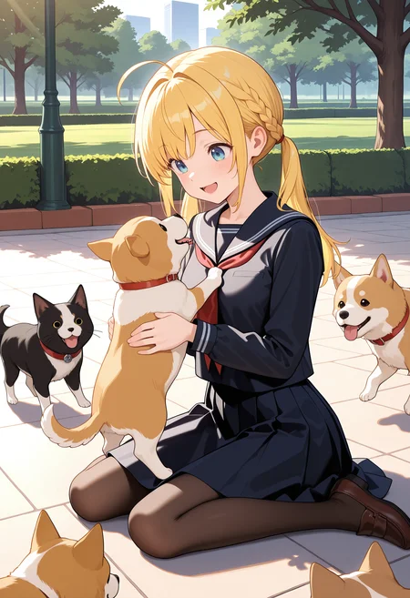 girl_with_cats, dogs,  animal,  holding animal,<lora:girl_with_cats:0.6>,multiple dogs, cats running, dogs jump,girl surrounded by many dogs,
solo, long hair, blond hair, 1girl, ahoge, smile, long sleeves, pantyhose, black serafuku, skirt, twintails, white shirt,
outdoors,  sailor collar, sitting on lawn square,wariza, braid, holding
open mouth, smile,park,, masterpiece,best quality,amazing quality,ultra detailed, very aesthetic,absurdres,skinny,general,highres, ultra-detailed, amazing quality, newest, scenery,beautiful detailed hair, beautiful detailed eyes, beautiful detailed face, dynamic lighting, super detailed skin,sharp focus,