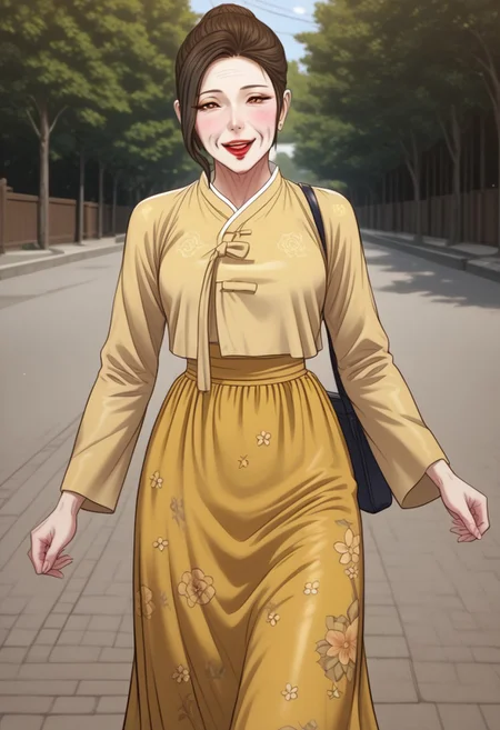 score_9, score_8, score_7, score_6, score_5_up, 1girl, solo, ja-young lee, old woman, gilf, pale skin, yellow hanbok, floral print hanbok, long dark yellow skirt, floral print skirt, brown hair, long sleeves, red lips, large breasts, lipstick, makeup, skirt, single_hair_bun, hair bun, black eyes, smile, open mouth, teeth, blushing, walking, incoming hug, looking_at_viewer, pov, full_body, (((dynamic pose))), outdoors, afternoon, (((detailed_background))), ((perfect anatomy)), best quality, masterpiece