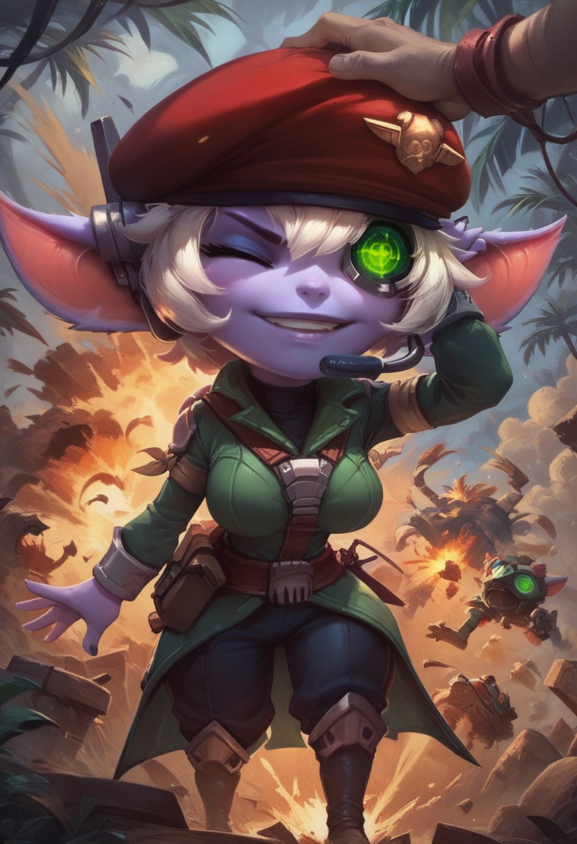 score_9, score_8_up, score_7_up, ultra quality, 1girl, ostristana, yordle, shortstack, purple skin, pointy ears, eyepatch, green visor, headset, long jacket, red beret, short hair, white hair, big breasts, petting head, closed eyes, jungle, explosion