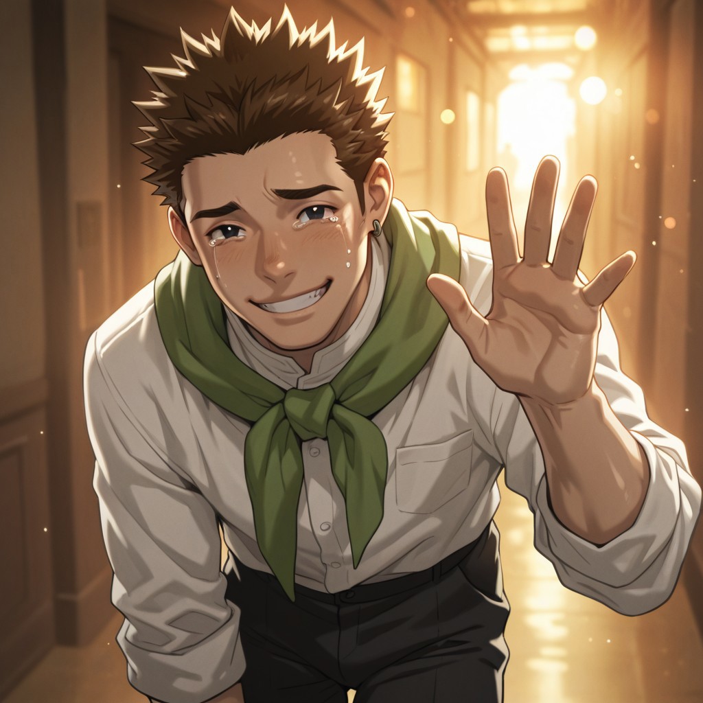 masterpiece, best quality, amazing quality, absurdres, newest, detailed background, definition so sharp, Ultra-HD, 8K cinematic, very awa, impressionate, amazing quality, highres, 
solo, male focus, manly, shadow, shiny skin, bokeh, warm light, light particle, looking at viewer, 
1boy, short hair, spiked hair, earrings, masahiko_brunette, masahiko_black eyes, tsukijigaokamasahiko, green scarf, white shirt, long sleeves, black pants, smile, tears, happy face, waving hand