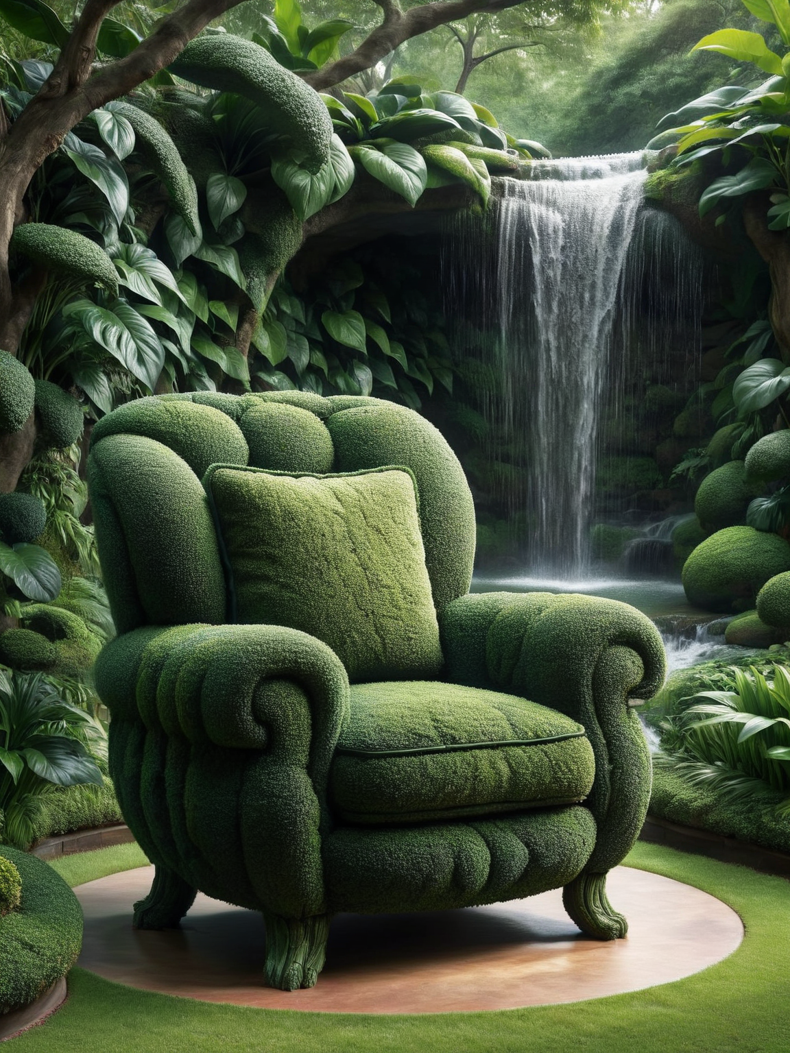An ais-hdgrw reading nook, with a sculpted armchair and a cascading waterfall of leaves. <lora:ais-hdgrw-sdxl:1>