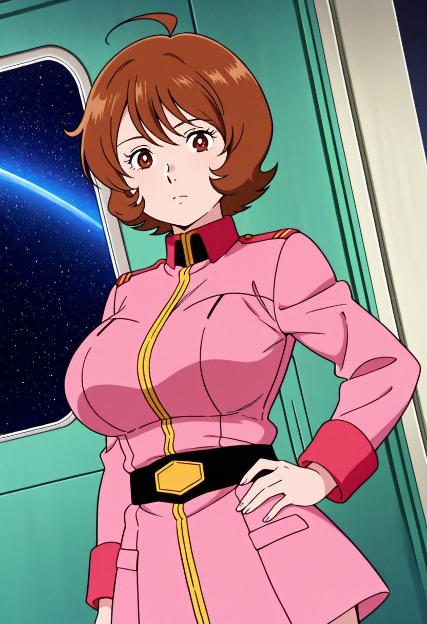 general,highres, ultra-detailed,very aesthetic,best quality ,best hands,best eyes,easynegative,
dynamic anglre, dutch angle, anime cloring,anime screencap,
1girl solo,looking at viewer,space ship, hand on hip, 
Frau Baw,brown_hair, short_hair, ahoge, brown eyes, huge_breasts,pink military uniform,