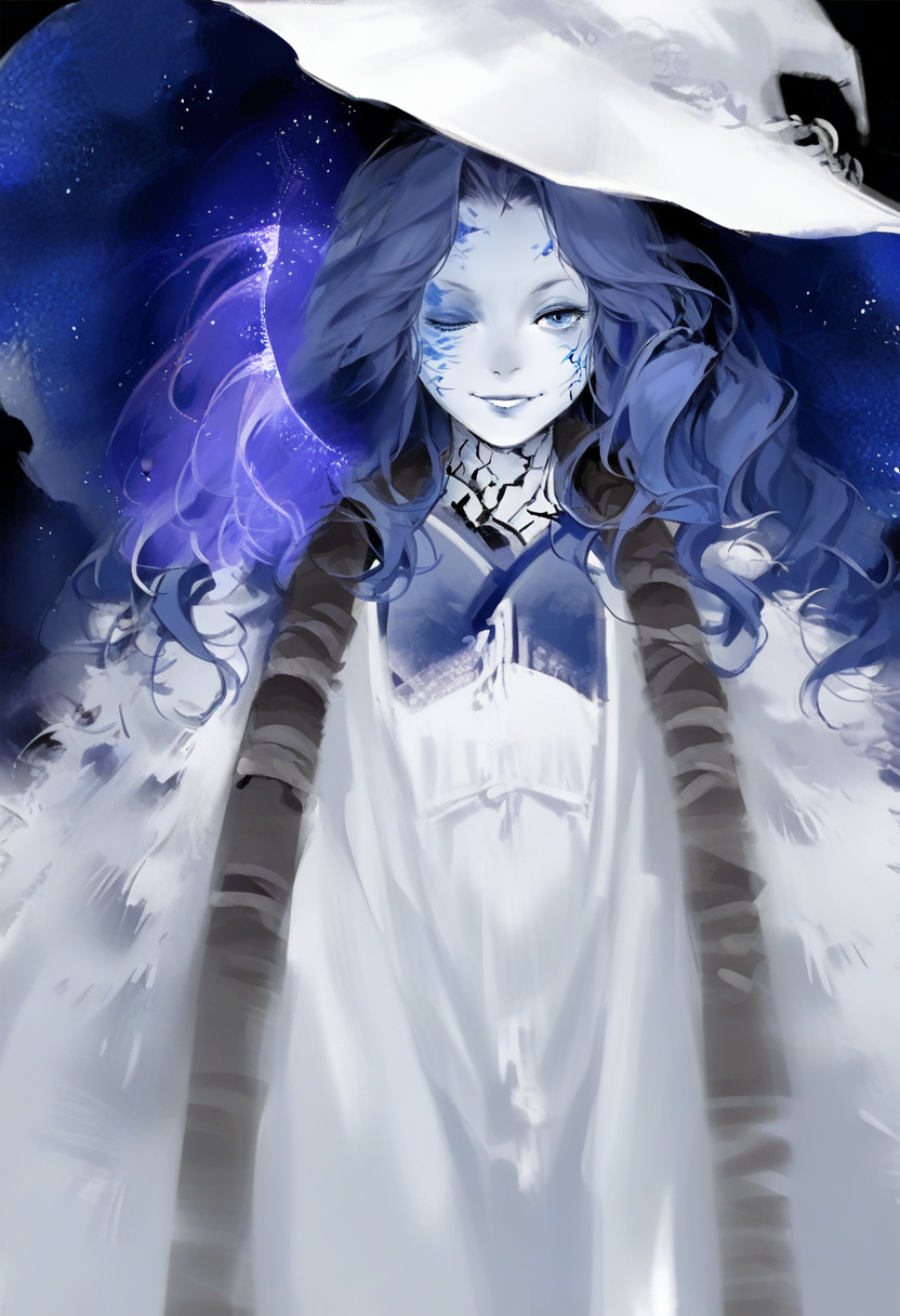 1girl, solo, ranni the witch, hat, one eye closed, blue eyes, colored skin, blue skin, witch hat, blue hair, cloak, looking at viewer, long hair, cracked skin, fur cloak, white headwear, extra faces, dress, smile, blue lips, extra arms, white dress, upper body <lora:solaXL_NBVP1_lokr_V6311P:0.95>