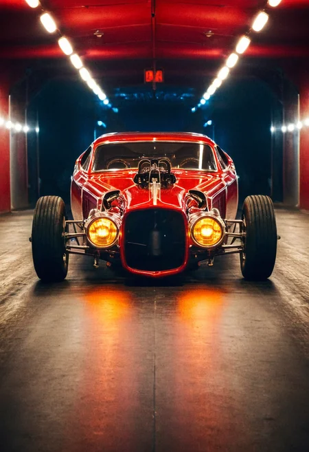 VintageMuscleCar gleaming dragster tunnel, symmetrical front view, bright headlights, neon lights, glass background, light reflections, 4K, highly detailed, closeup (stylish grainy analog film photo 35mm vintage Kodachrome)
