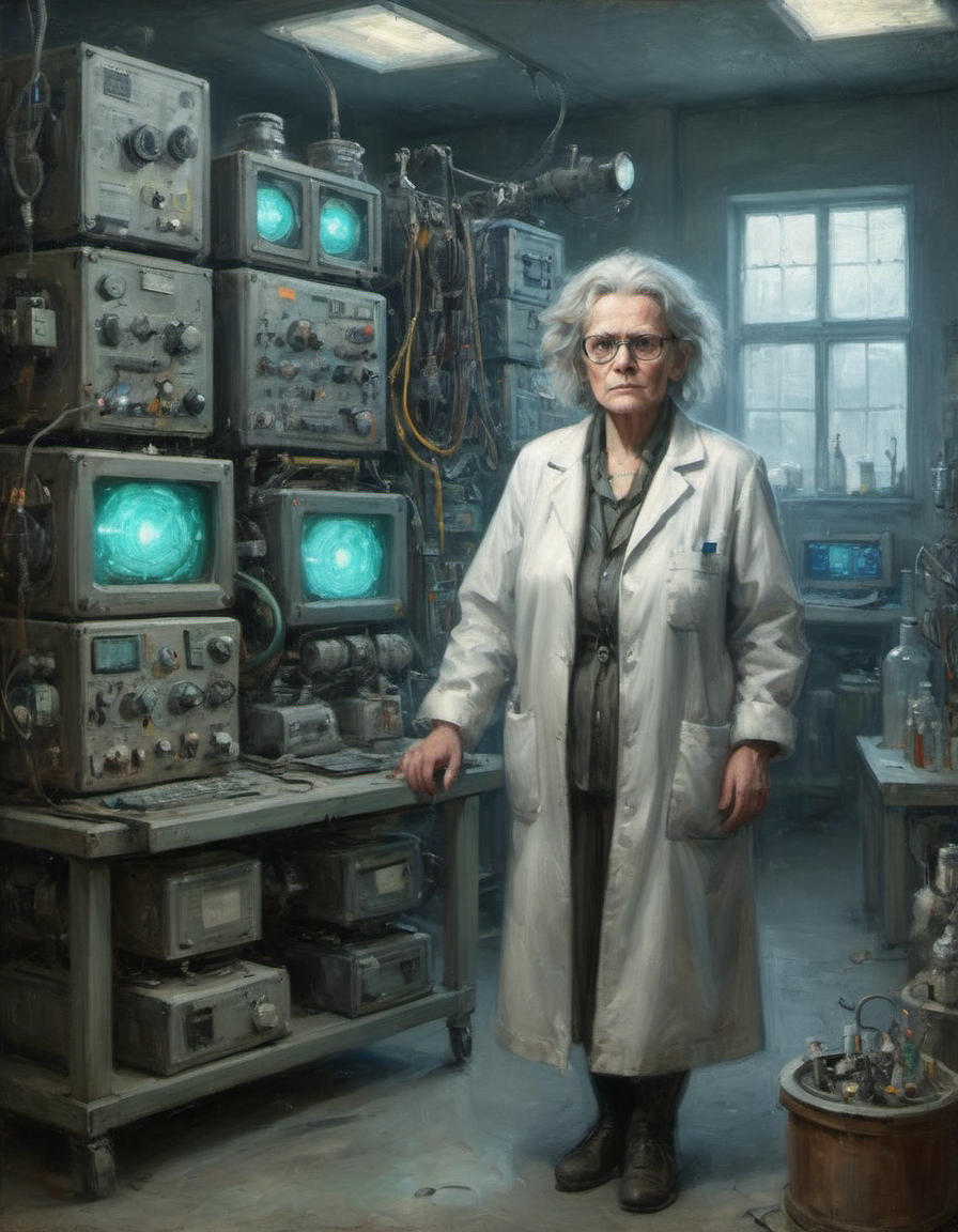 whole body portrait of an old crazy Finnish scientist woman inside industrial lab deserted place with mysterious eclectic research computers and racks stacked with jars of fluids and floating embalmed things and glowing machinery with oscilloscopes and stray wires