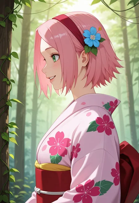 score_9, score_8_up, score_7_up, score_6_up, score_5_up, score_4_up, derpixon style, 1girl, solo, from side, haruno sakura, pink hair, short hair, wearing kimono, floral kimono, side view, flower on ear, happy, rating_safe, sfw, detailed, forest background, vines, leaves