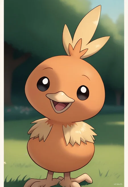 score_9, score_8_up, score_7_up, score_6_up, extremely detailed, torchicLora, pokemon (creature), black eyes, big head, tiny body, round head, cute, smol bean, cowboy shot, happy, open mouth, looking around, solo, facing viewer, front view, the park, outdoors, daytime, bright lighting,