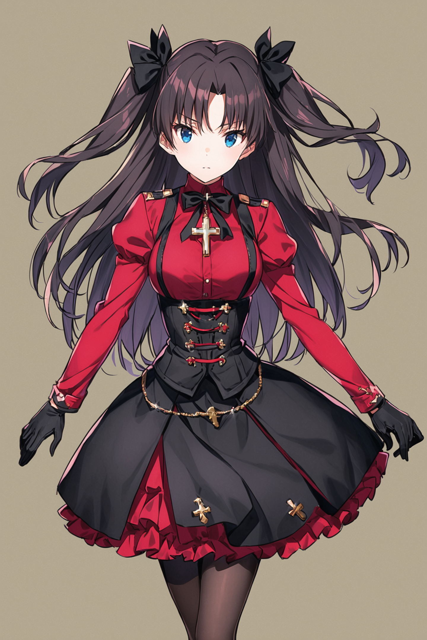 1girl,solo,tohsaka rin,red shirt,cross,long hair,skirt,shirt,white background,gloves,black skirt,necklace,jewelry,simple background,looking at viewer,bow,black hair,bangs,long sleeves,two side up,corset,black gloves,blue eyes,hair bow,ribbon,pantyhose,cross necklace,black pantyhose,latin cross,closed mouth,parted bangs,bowtie,black bow,hair ribbon,red bow,standing,<lora:saitom_XL:0.8>,