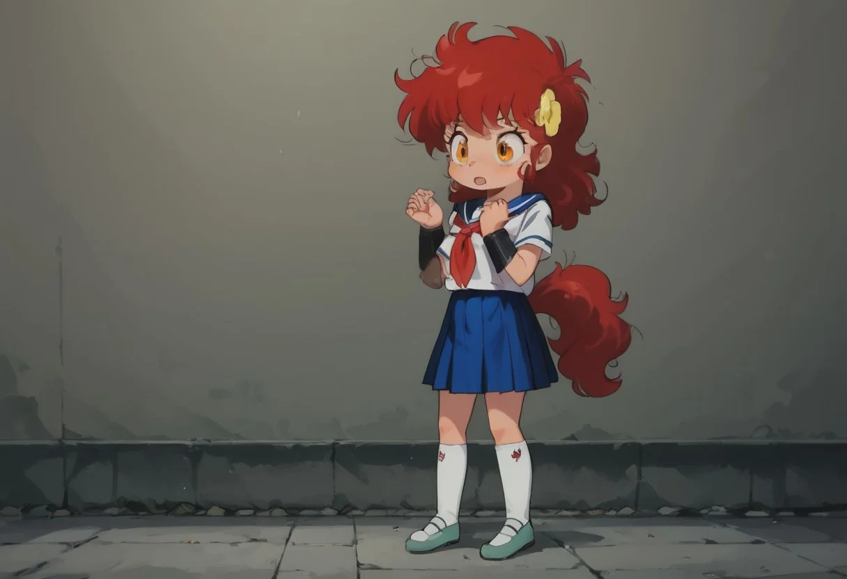 pr0j3ct4K0, score_8_up, score_7_up, source_manga, perfect quality, perfect face, perfect body, rating_explicit , AKO, girl, orange eyes, long messy hair, red hair, confident expression, school uniform, black bracers, blue skirt, kneehigh socks, shoes, full body, super_strength, holding steel beam, hands up holding steel beam, <lora:Project_A-KO_-_1986_OVA_-_Pony:0.9>