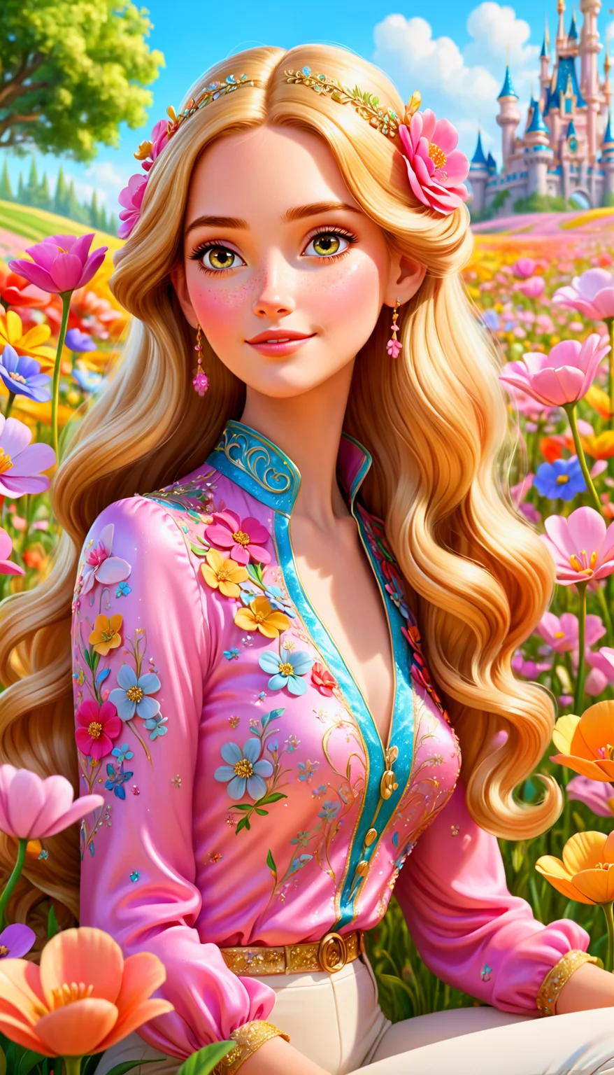 3D Disney/Pixar style, a lovely woman with long, golden hair, lying amidst a field of bright, colorful flowers. She wears a glittering pink blouse and pale pants, her relaxed pose complemented by the surrounding floral beauty. The scene is illuminated by gentle, warm light, emphasizing the rich textures of her hair and the flowers. Her peaceful expression adds to the enchanting and serene atmosphere. High detail and complexity, bright colors, soft and glowing lighting, whimsical and enchanting environment.