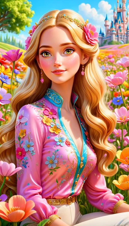 3D Disney/Pixar style, a lovely woman with long, golden hair, lying amidst a field of bright, colorful flowers. She wears a glittering pink blouse and pale pants, her relaxed pose complemented by the surrounding floral beauty. The scene is illuminated by gentle, warm light, emphasizing the rich textures of her hair and the flowers. Her peaceful expression adds to the enchanting and serene atmosphere. High detail and complexity, bright colors, soft and glowing lighting, whimsical and enchanting environment.