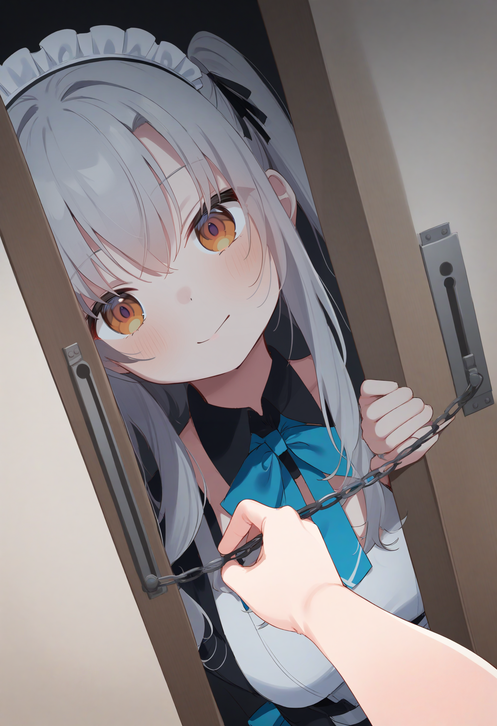 1girl,sincos, ningen mame, toosaka asagi,solo,medium breasts,20yo,maid,maid headdress,
door chain, peeking out, open door,<lora:doorchain_XL_v1:1.0>
chain, pov doorway, opening door, close-up,
from behind, wide shot, looking down, silver hair, orange eyes,seductive smile, cathedral, closed mouth, two side up hair,,
best quality, very aesthetic, absurdres ,
