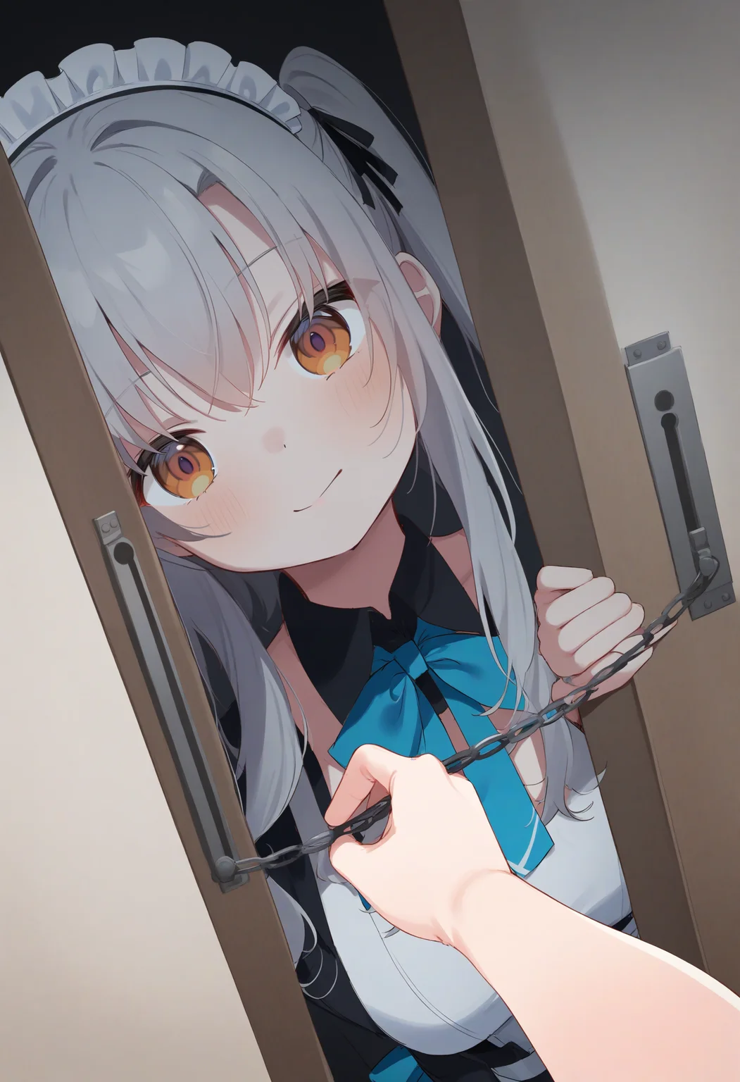 1girl,sincos, ningen mame, toosaka asagi,solo,medium breasts,20yo,maid,maid headdress,
door chain, peeking out, open door,<lora:doorchain_XL_v1:1.0>
chain, pov doorway, opening door, close-up,
from behind, wide shot, looking down, silver hair, orange eyes,seductive smile, cathedral, closed mouth, two side up hair,,
best quality, very aesthetic, absurdres ,