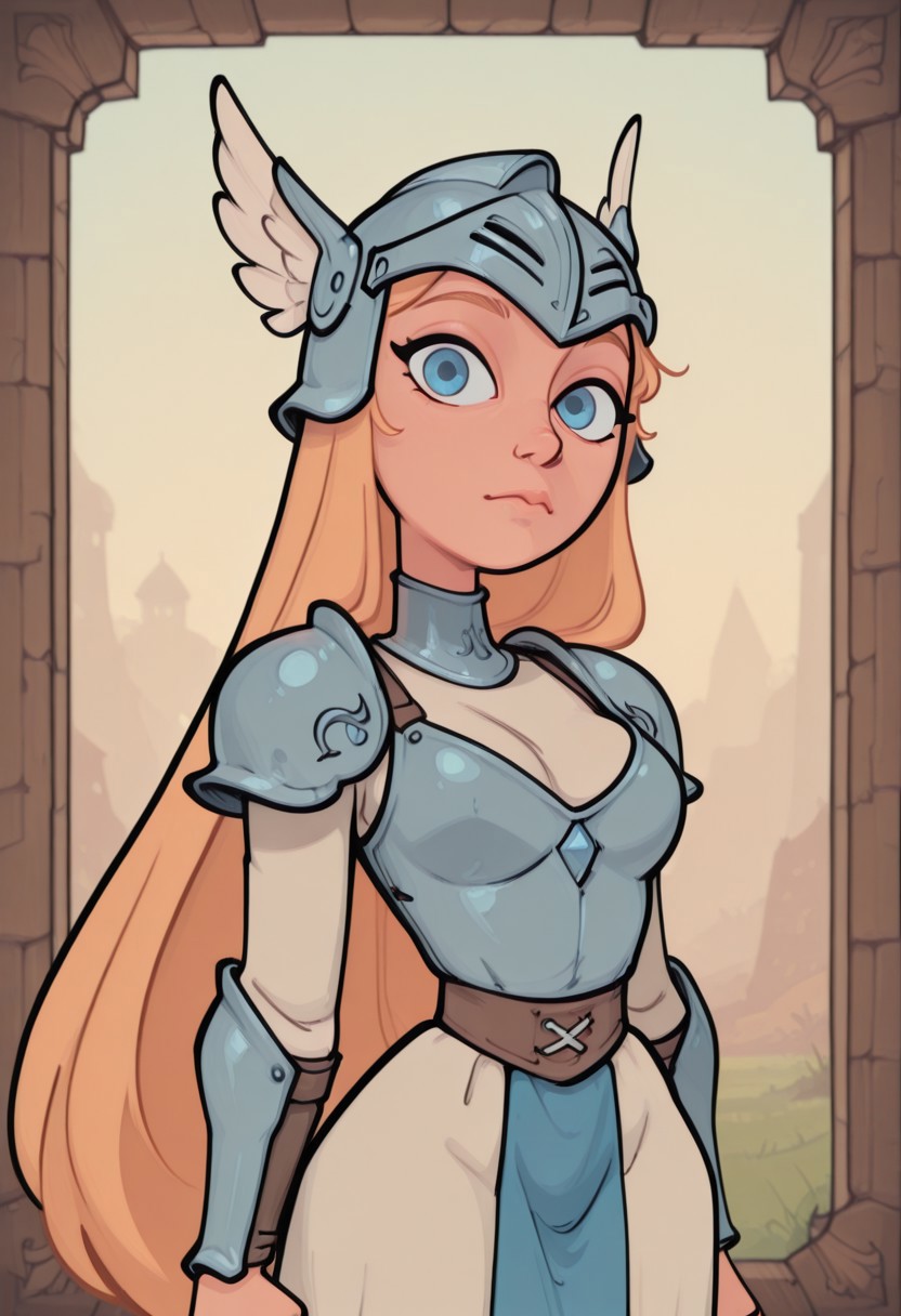 smoove,

1girl, solo, breasts, armor, blonde hair, blue eyes, closed mouth, dress, helmet, long hair, looking at viewer, very long hair, winged helmet