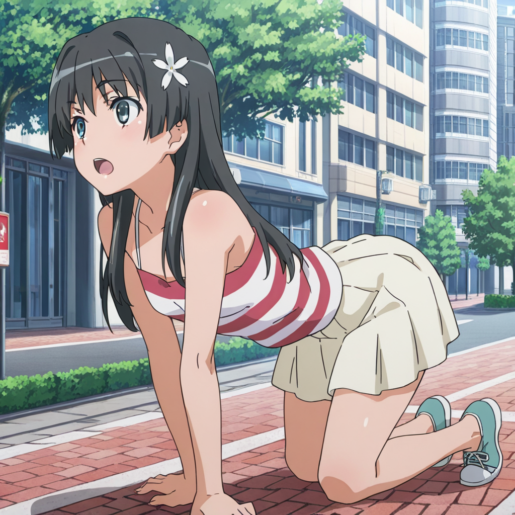 nsfw, masterpiece, best quality, amazing quality,1girl, solo, index_railgun_saten_ruiko, black hair, hair ornament, long hair, hair flower, flower, open mouth, red and white striped clothes, skirt, all fours, tree, building, casual, street, <lora:Saten_Ruiko_-_Index_Railgun:0.7>
