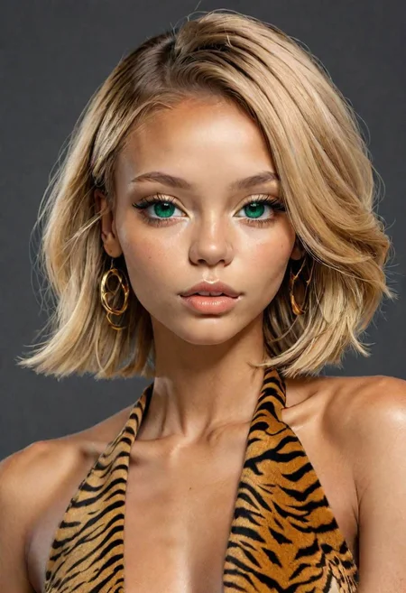 (masterpiece, best quality), female early twenties, well-defined, sub-saharan african, emerald eyes,  straight nose, u-shaped chin,  low cheekbones,  square face shape,   , dirty blonde
 long bob hair, loneliness
 wearing __bo/properties/color__    tiger print
 microfiber cheeky,  tanga,   collar pins ,,
, one hand covering the mouth, indicating shock or disbelief